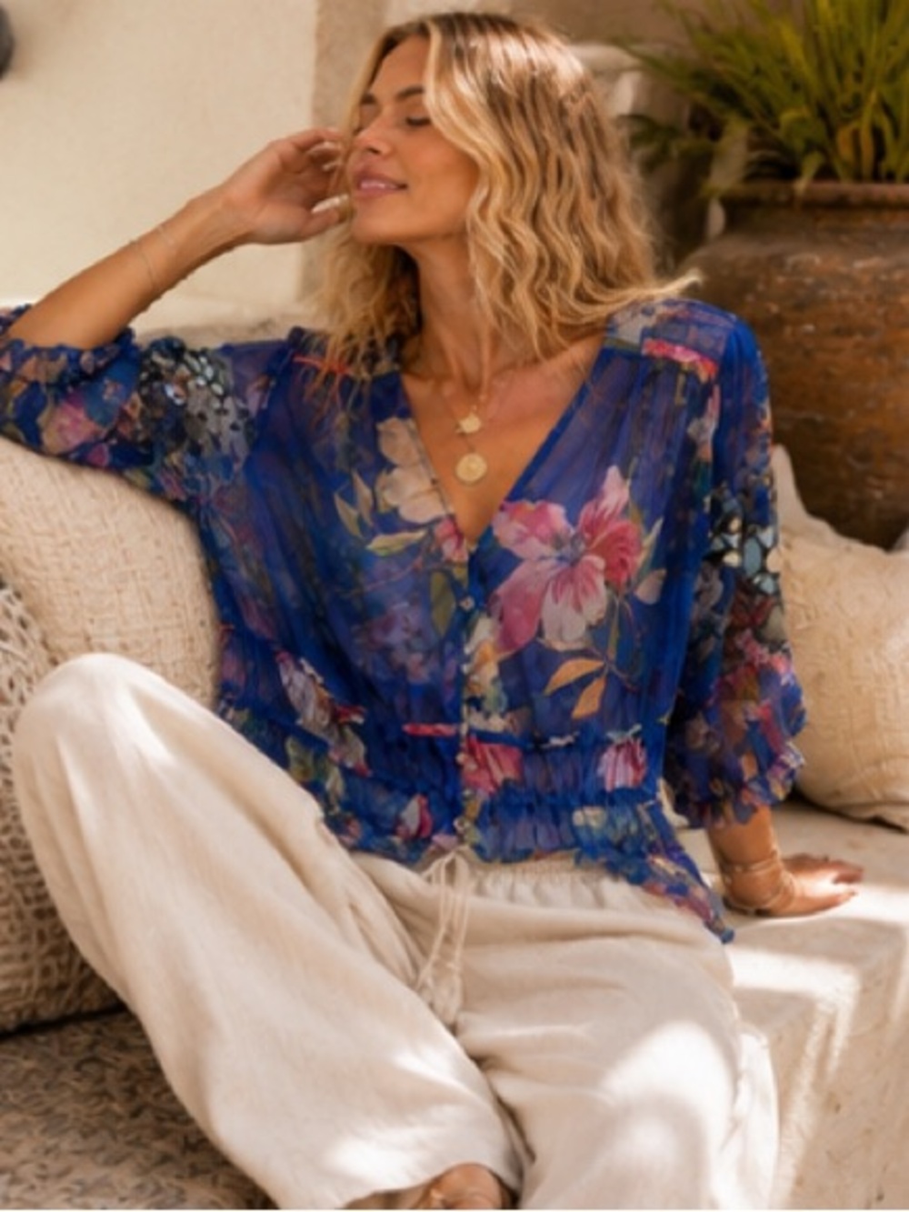 Johnny Was Embroidered Blue Floral Mesh Mazzy Embroidered Blouse Blue Size S - Picture 6 of 11
